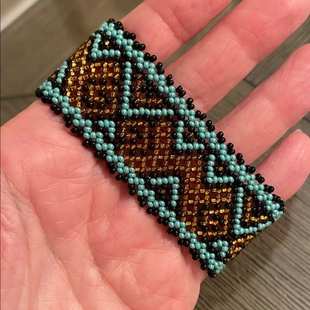 Miyuki Boho Beaded Bracelet – Turquoise & Amber Geometric Pattern Peyote Stitch